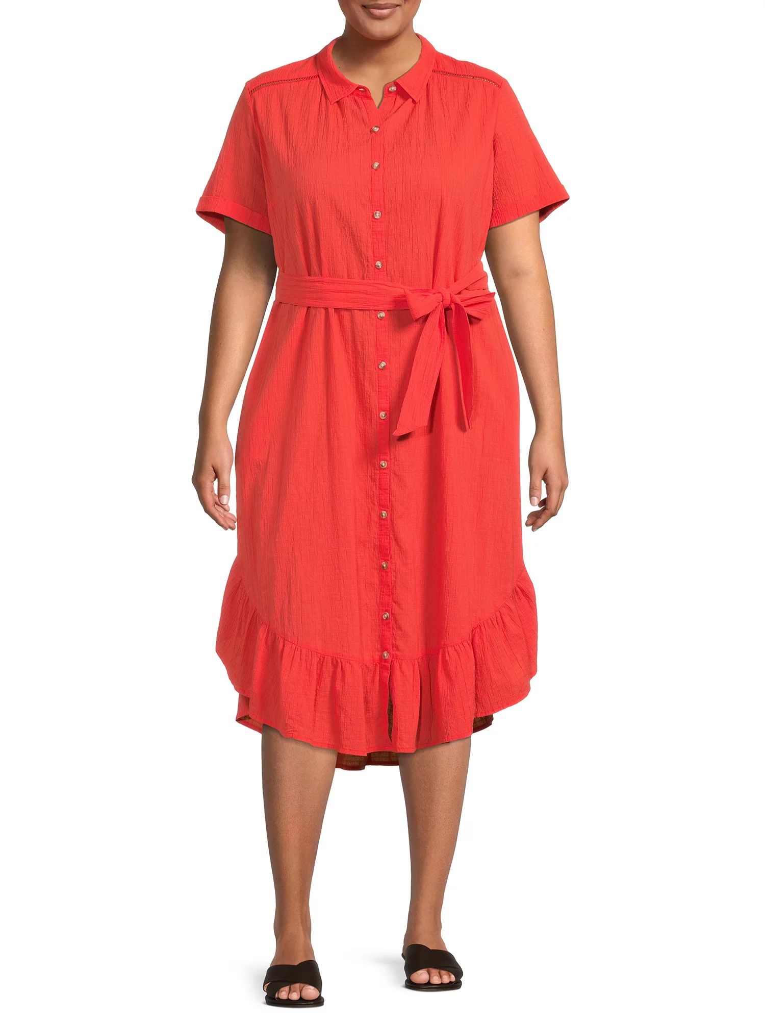 Terra & Sky Women's Plus Size Ruffle Shirt Dress with Short Sleeves - Walmart.com | Walmart (US)