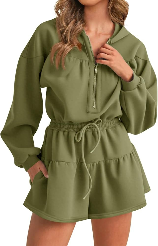 Cicy Bell Womens Rompers Casual One Piece Outfits Half Zip Long Sleeve Hoodies Casual Shorts Draw... | Amazon (US)