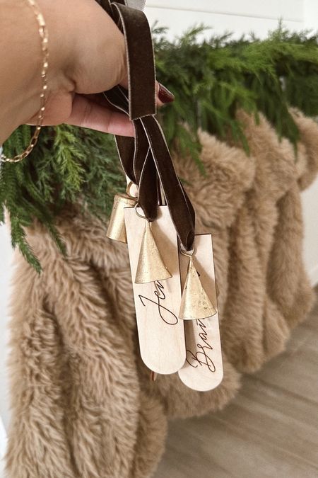 Stocking tags 🏷️🌲

#personalizedstockingtag #stocking #sherpastocking #tanstocking #brownribbon #velvetribbon #goldbells #christmasdecor #amazonfind 

#LTKGiftGuide #LTKHoliday #LTKhome