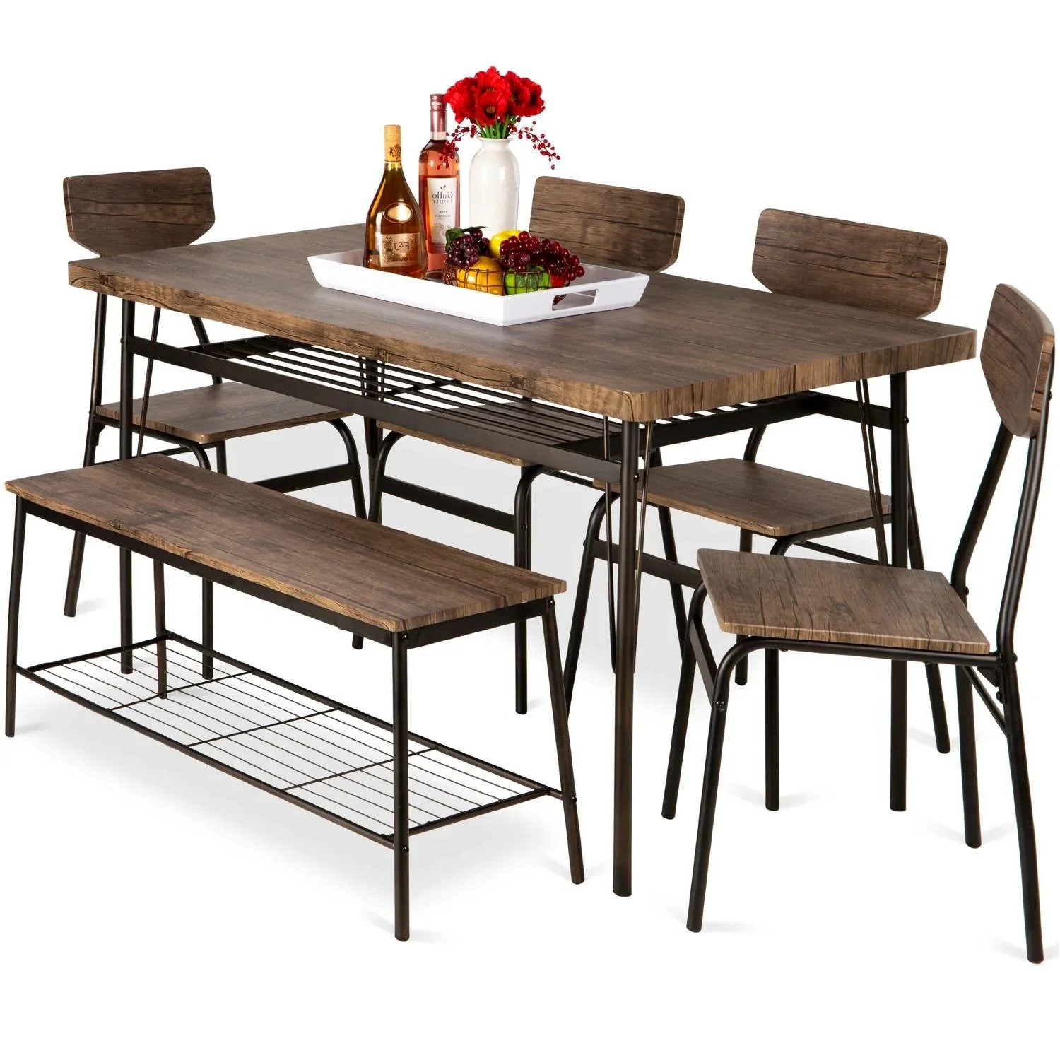 Modern 6-Piece Dining Set with Brown Wood Top Table 4 Chairs and Storage Bench | Shop Simon