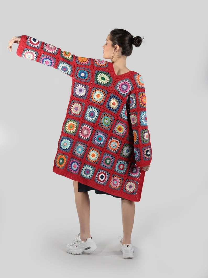 Red Crochet Cardigan, Women Granny Square Long Coat, Patchwork Hippie Jacket, Afghan Sweater, Han... | Etsy (US)
