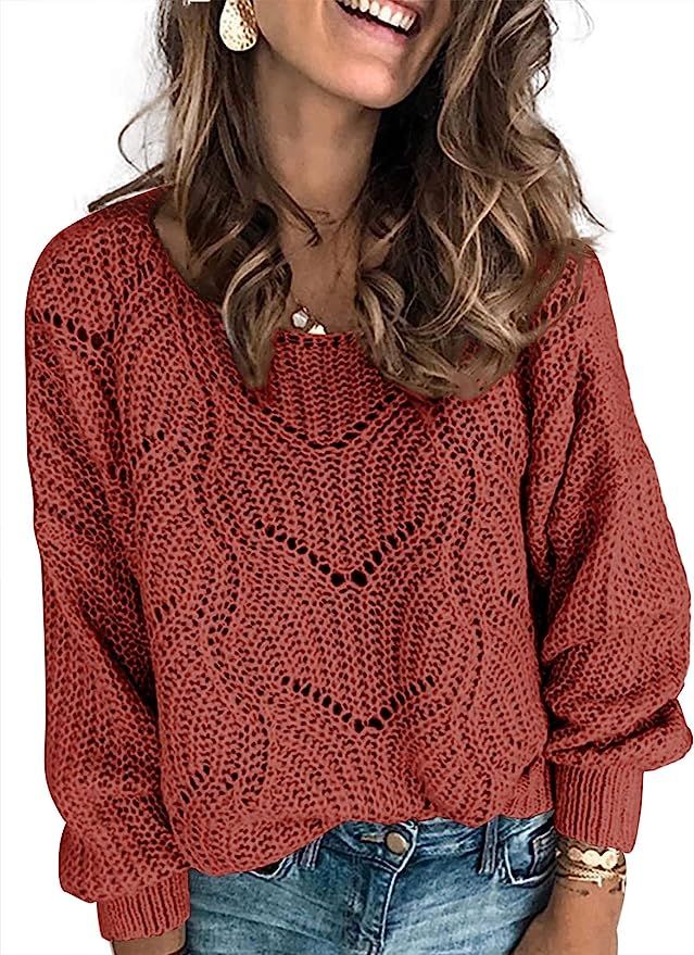 Dokotoo Womens Cute Soft Crewneck Long Sleeve Hollow Cable Knit Pullover Sweaters | Amazon (US)