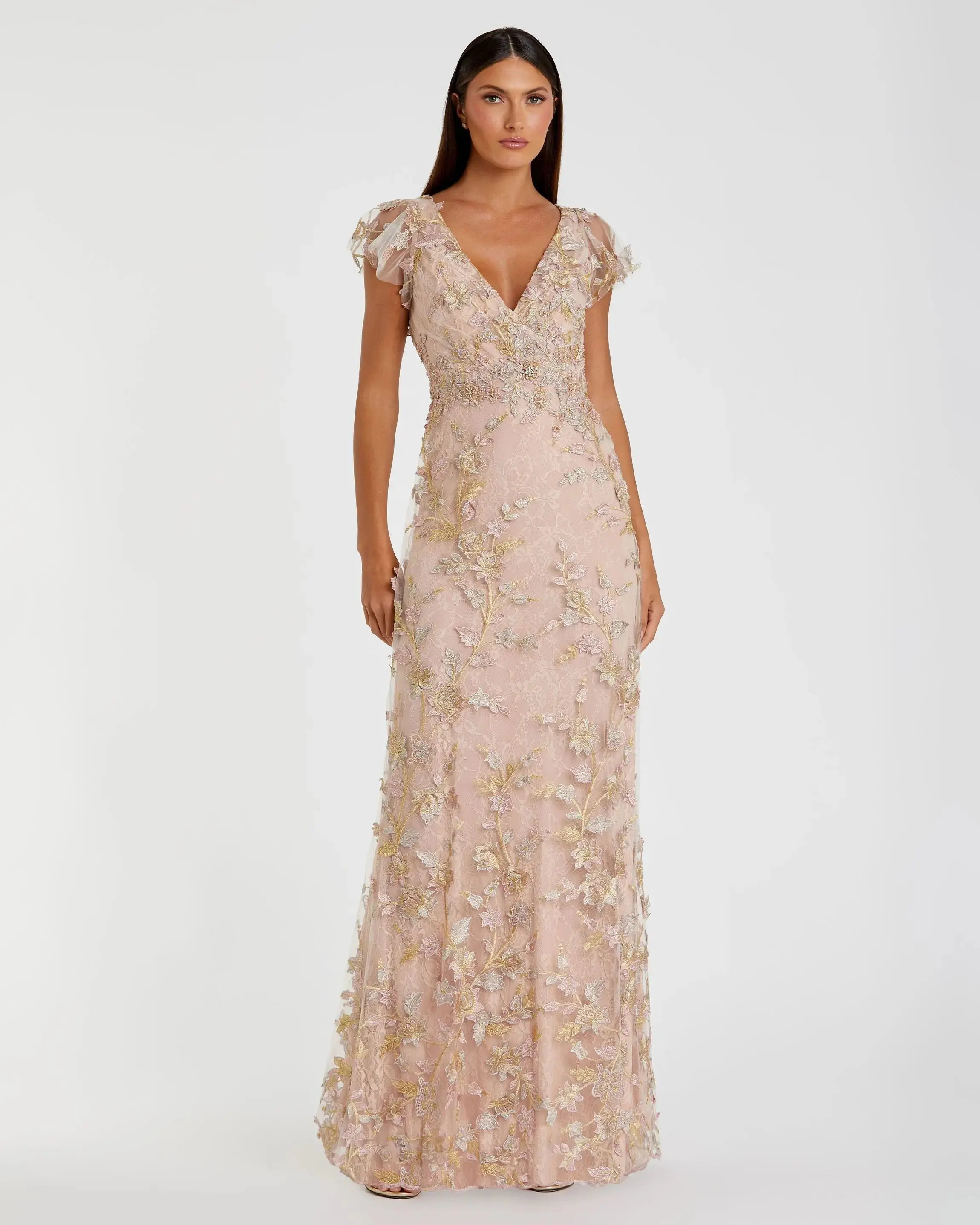 Pink Embroidered Applique Wrap Over Flutter Sleeve Gown | Mac Duggal | Mac Duggal