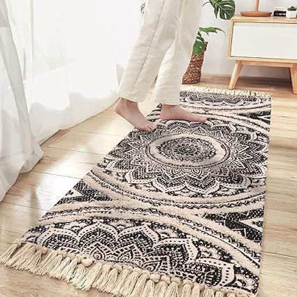 Seavish Tufted Cotton Rug, 2.3 X 5.2 Black Mandala Boho Rug, Hand Woven Bohemian Runner Throw Rug... | Amazon (US)