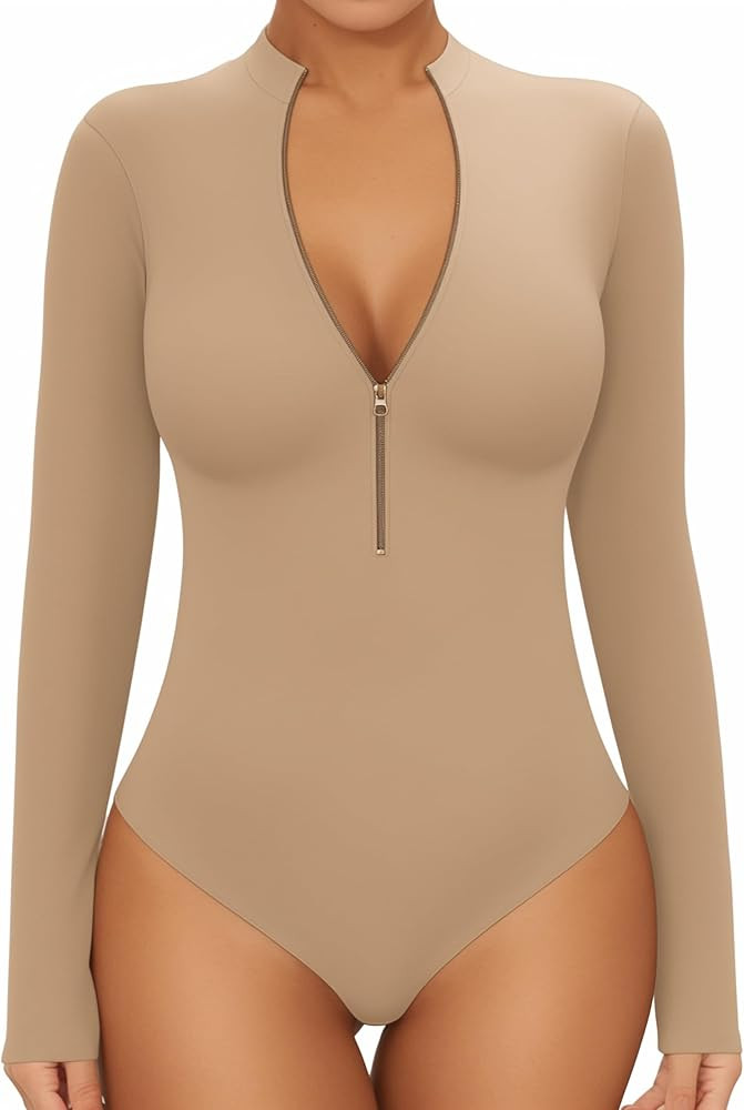 MANGOPOP Long Sleeve Body Suit Mock Turtle Neck Zip Up Bodysuit for Women Ribbed Deep V Sexy Bodysui | Amazon (US)