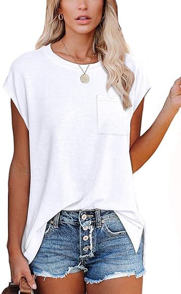 XIEERDUO Summer Tops for Women Loose Fit Cap Sleeve T Shirts with Pocket for Women | Amazon (US)