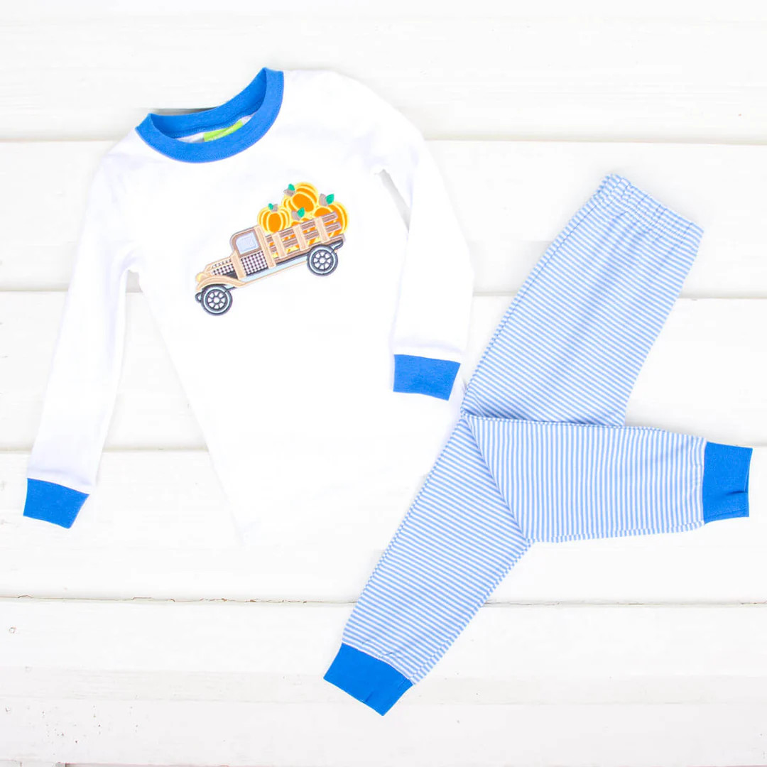Pumpkin Harvest Truck Light Blue Pajamas | Classic Whimsy