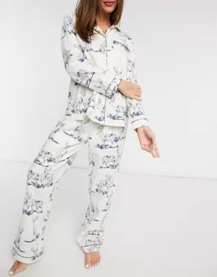 Chelsea Peers organic cotton sketchy stag print long camp collar pajama set in cream | ASOS (Global)