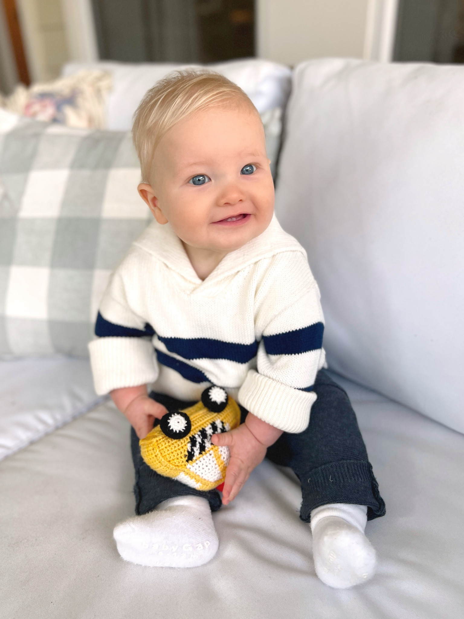 Nautical cold weather baby blue and white sweater, knit taxi rattle, and knit pants 

#LTKHoliday #LTKSeasonal #LTKbaby