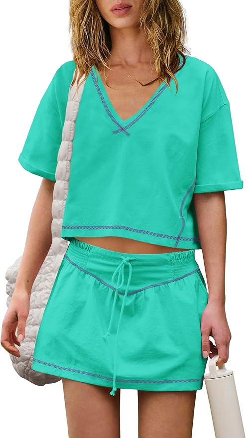 LAMISSCHE Womens 2 Piece Workout Sets Athletic Gym Sets Crop Top And Skirt With Shorts Set Active... | Amazon (US)