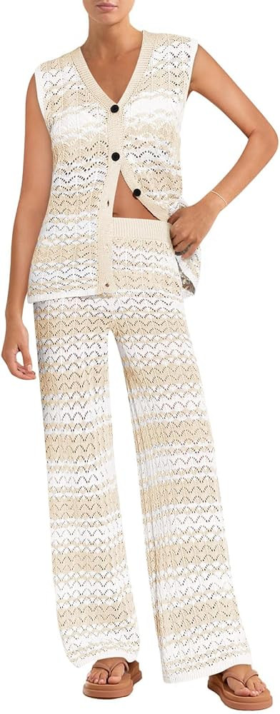 Imily Bela Womens 2 Piece Cover up Crochet Sets Striped Sleeveless Vest Tops Wide Leg Pants Summe... | Amazon (US)
