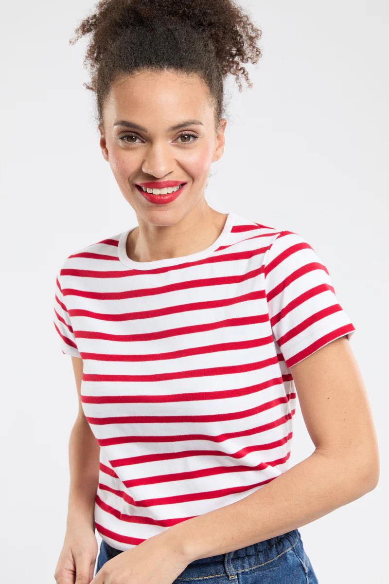 Kurzarm Shirt im Marine-Stil „Morgat - aus Baumwolle - Damen - BLANC/BRAISE | Armor-lux (DE)