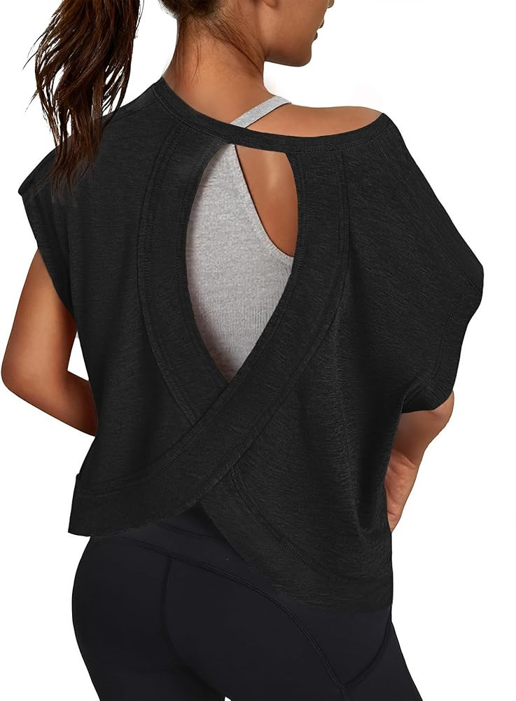 Women Open Back Workout Shirts Short Sleeve Tops Casual Yoga Y2k Athletic Gym Running Crop Tees | Amazon (US)