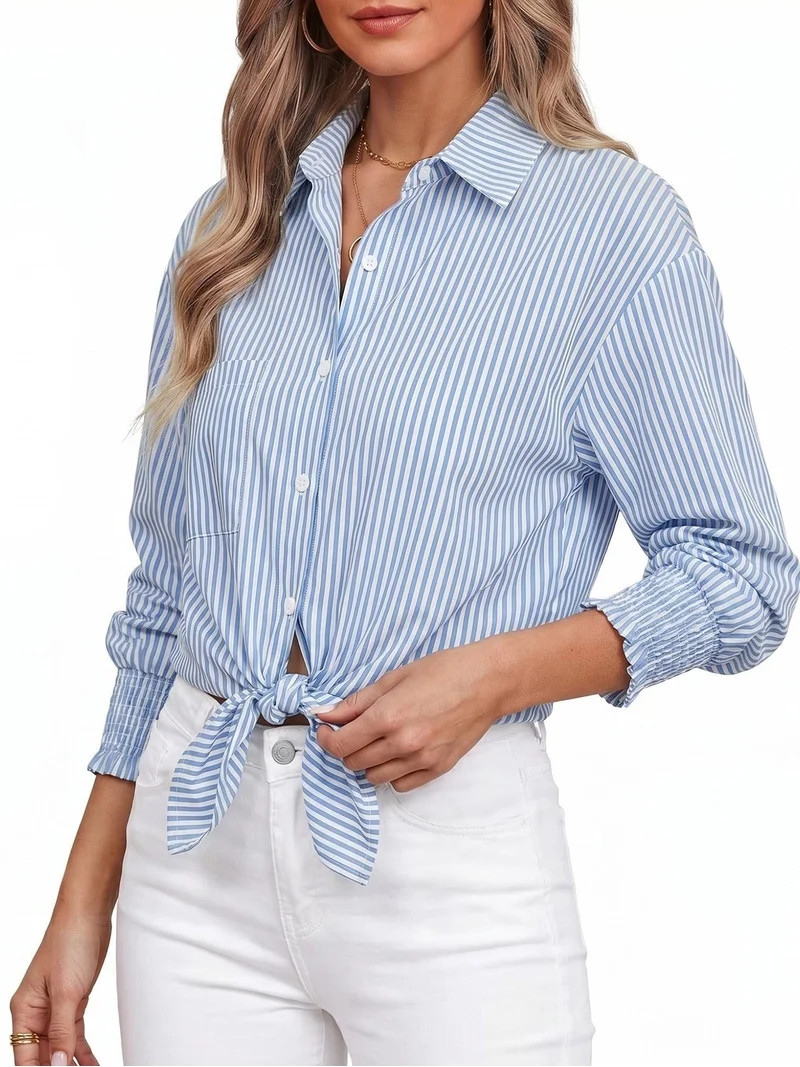 Gingprous Women Striped Button Down Shirt Oversized Long Sleeve Blouse with Smocked Cuffs Pocket | Walmart (US)