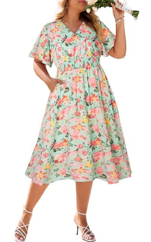 Hanna Nikole Women Plus Size Summer Dress - Easter Spring Floral Wedding Guest Maxi Long Dress Green ＆ Pink Floral 20W | Amazon (US)