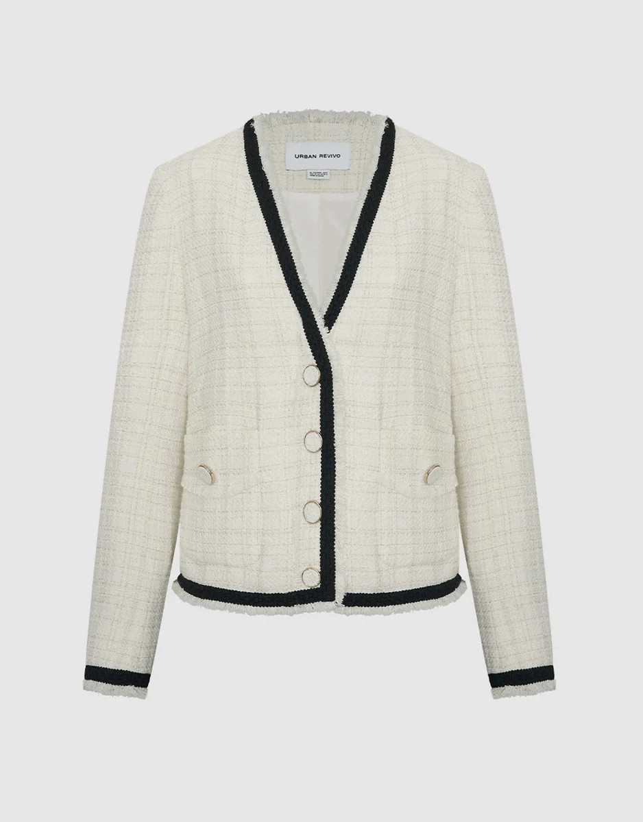 Raw Trim Contrast Trim Tweed Jacket | Urban Revivo