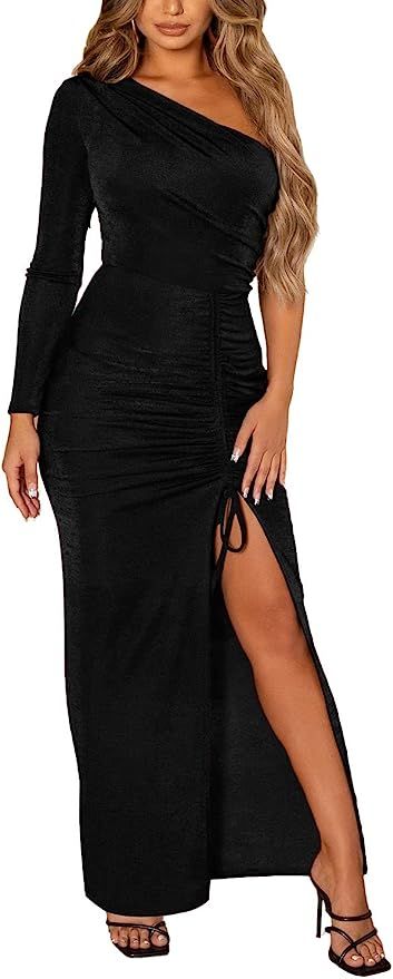 PRETTYGARDEN Women's Sexy One Shoulder Long Sleeve Velvet Dress Ruched Bodycon Drawstring Split M... | Amazon (US)