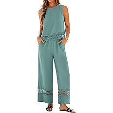 Glamaker Summer Pants Sets Womens 2 Piece Outfits Sleeveless Crop Top Round Neck Lace Wide Leg Be... | Amazon (US)