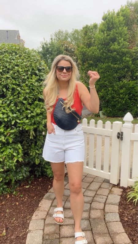 Comfy Memorial Day weekend outfit - my favorite shorts, so comfy, I size up two sizes in these. Favorite sling bag and favorite basic tank. Perfect travel outfit, vacation outfit, beach outfit, all the things! Love this casual style! 

#LTKSaleAlert #LTKSeasonal #LTKFindsUnder50