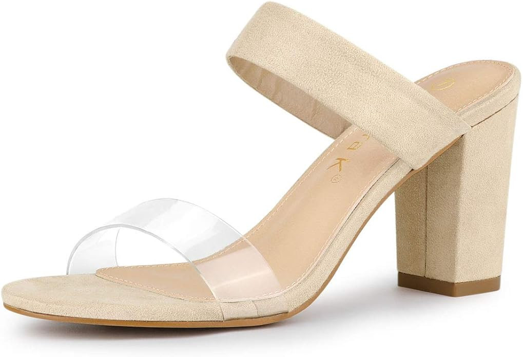 Allegra K Women's Dual Clear Strap Block Heels Slides Sandals | Amazon (US)