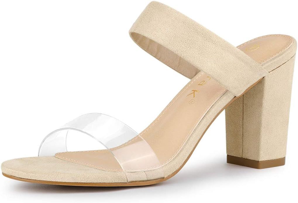 Allegra K Women's Dual Clear Strap Block Heels Slides Sandals | Amazon (US)
