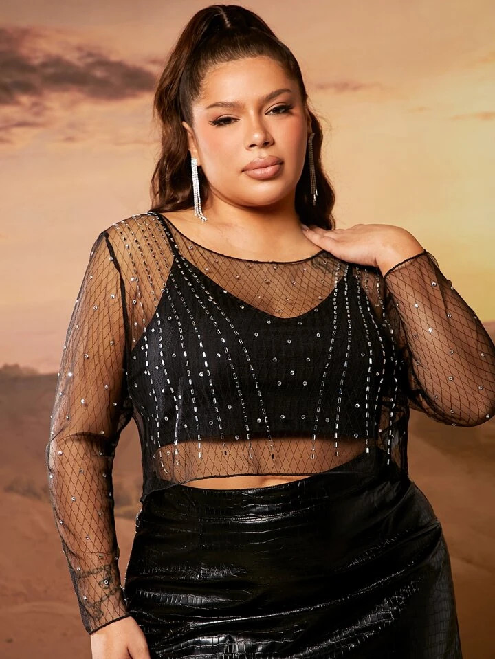 SHEIN SXY Plus Rhinestone Detail Sheer Mesh Top Without Bra | SHEIN