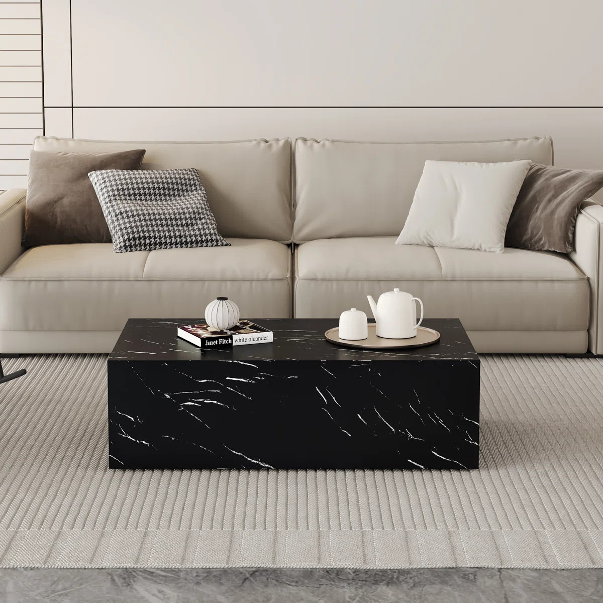 39 Inch Modern Black Marble Texture Coffee Table - Luxury Rectangular MDF Accent Table For Living... | Wayfair North America