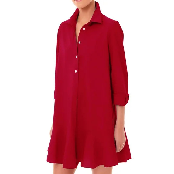 Mohiass Women's Tunic Mini Shirt Dress Cotton Long Sleeve Ruffle Hem Dress Button Up Shift Chambr... | Walmart (US)