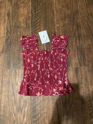Hill House Top The Paz Burgundy Botanical Floral Smocked Cap Sleeveless Cotton S  | eBay | eBay US