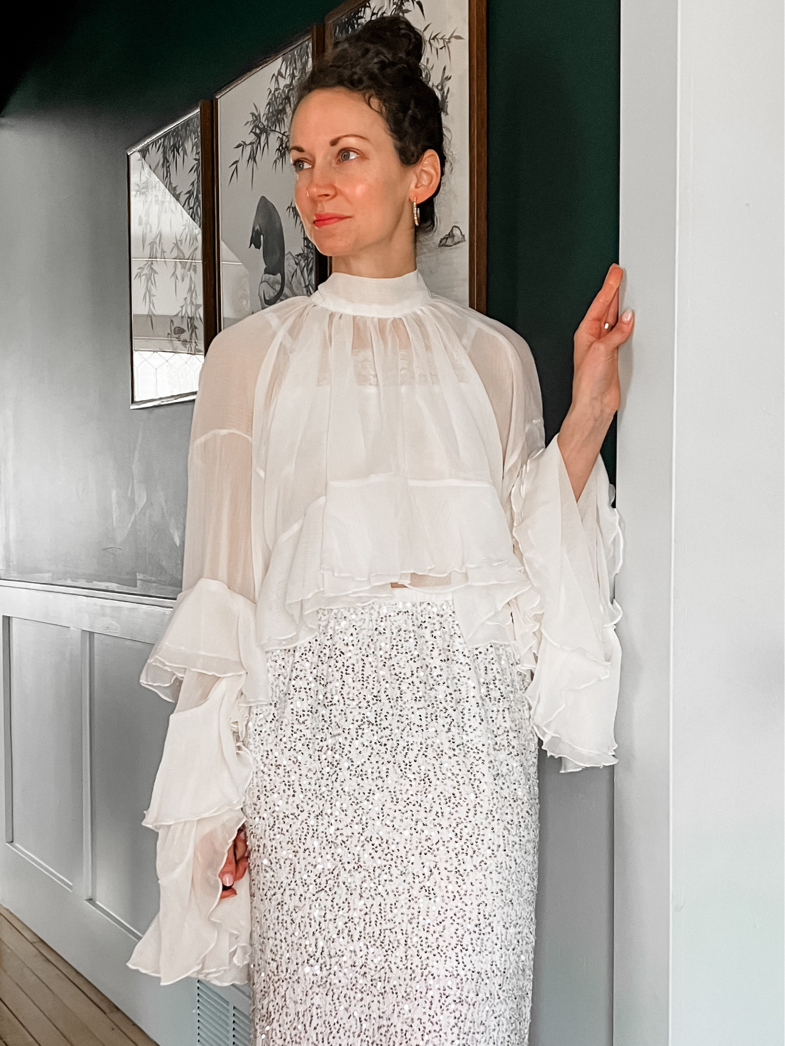 A statement top for summer!
White chiffon statement top from Chicwish. 
Sequin skirt from Chicwish. 
Crystal hoop earrings from a local boutique, linking similar. 
Cropped lace top from Amazon. 
Petite outfit. Neutral outfit. Summer outfit. Party outfit. Modest outfit. 