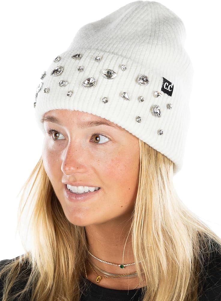 Funky Junque Luxury Bling Beanie - Women's Sparkle Rhinestone Winter Knit Hat | Amazon (US)