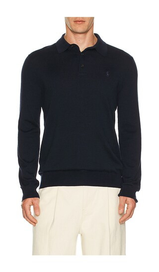 Polo Ralph Lauren Long Sleeve Merino Wool Button Placket Polo Sweater in Navy. - size M | Revolve Clothing (Global)
