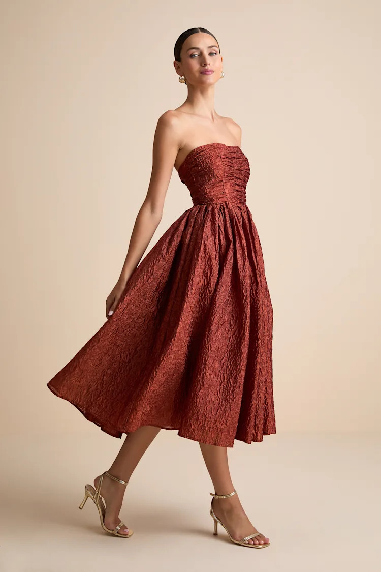 Analeia Rust Jacquard Lace-Up Strapless Midi Dress | Lulus