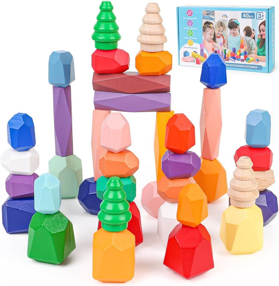 40PCS Wooden Stacking Rocks Toddlers Toys, Montessori Toys for 1 2 3 4 5 Year Old Girls Boys, Pre... | Amazon (US)