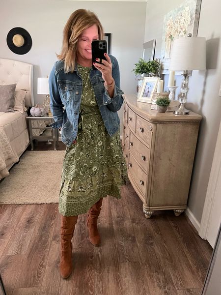 Walmart dress has pockets, tie at the waist midi dress. Styled with denim jacket and Time and Tru cognac boots

Fall outfit, fall trends, fall boots, tall boots, time and tru, fall dress, Walmart fashion, Walmart finds, Walmart new arrivals, amazon fashion, business casual outfit, workwear, dress, fashion over 40

#LTKsalealert #LTKunder50 #LTKshoecrush