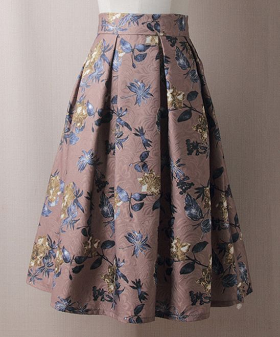 Adele Berto Women's Casual Skirts Brown - Brown & Blue Floral Pleated A-Line Skirt - Women | Zulily