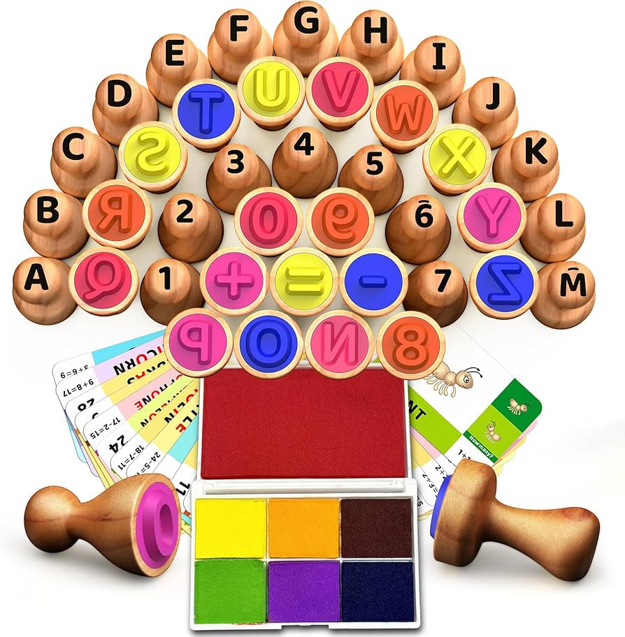‌Wooden Alphabet & Number Stampers Set with 7-Color Ink Pad | ABCs 123s Learning Stamps & Flash... | Amazon (US)