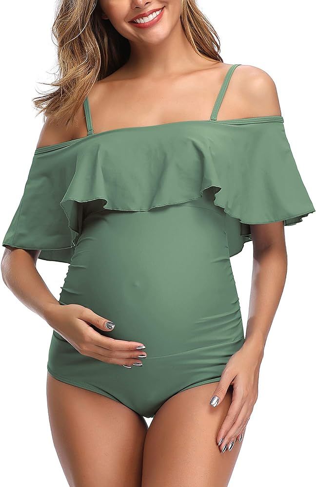 Women Off-Shoulder Maternity Swimsuits Flounce Floral One Piece Bathing Suits | Amazon (US)