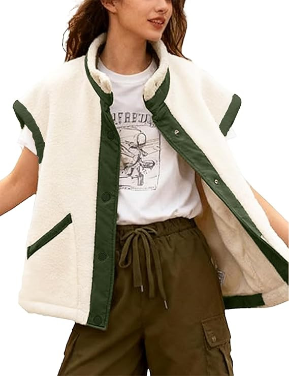 Kumufenc Womens Sherpa Vests Fuzzy Oversized Mock Neck Vest Button Down Winter Warm Clothes | Amazon (US)