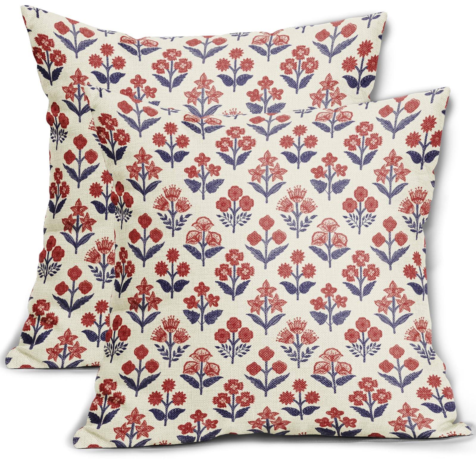 4th of July Patriotic Floral Block Print Pillow Covers 18x18 Inch Set of 2, Navy Blue Red Vintage... | Amazon (US)