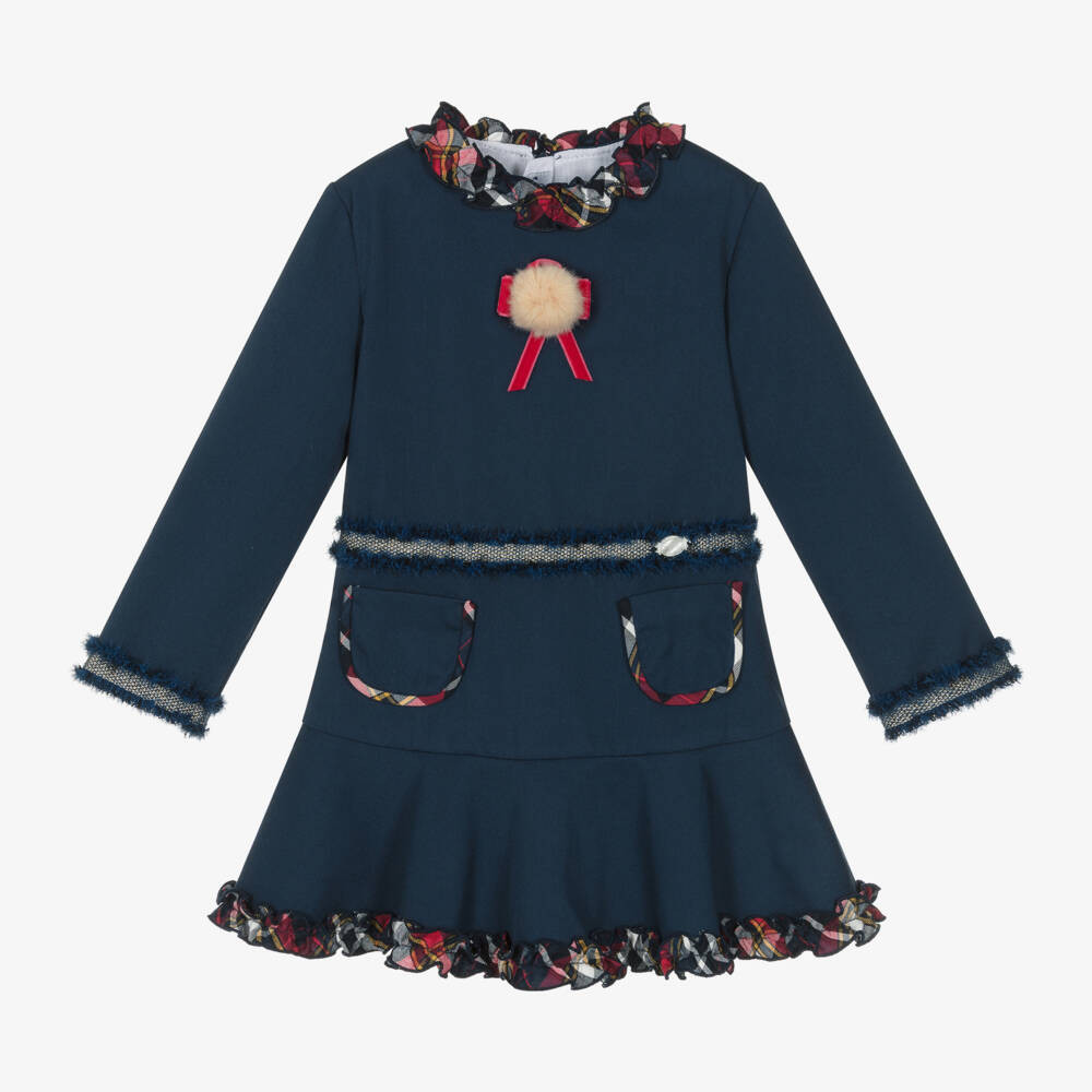 Girls Navy Blue Tartan Ruffle Dress | Childrensalon