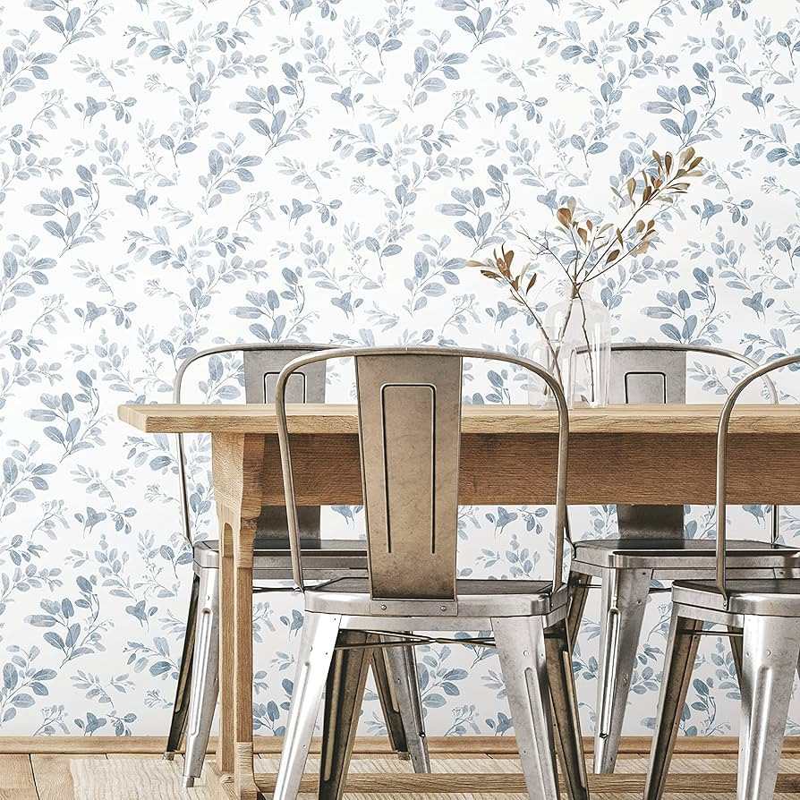 RoomMates RMK12273PL Dancing Leaves Peel and Stick Wallpaper, Blue/White | Amazon (US)
