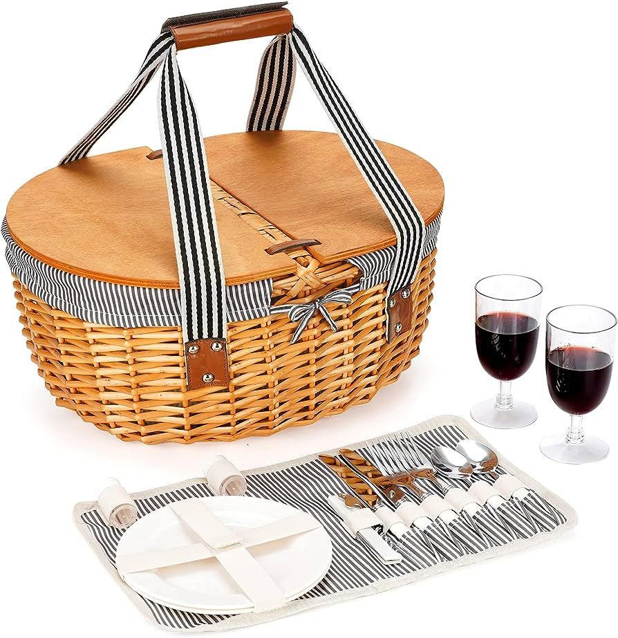 Wicker Picnic Basket Set for 2 with Double Wooden Lids & Handles, Country Style Picnic Hamper wit... | Amazon (US)