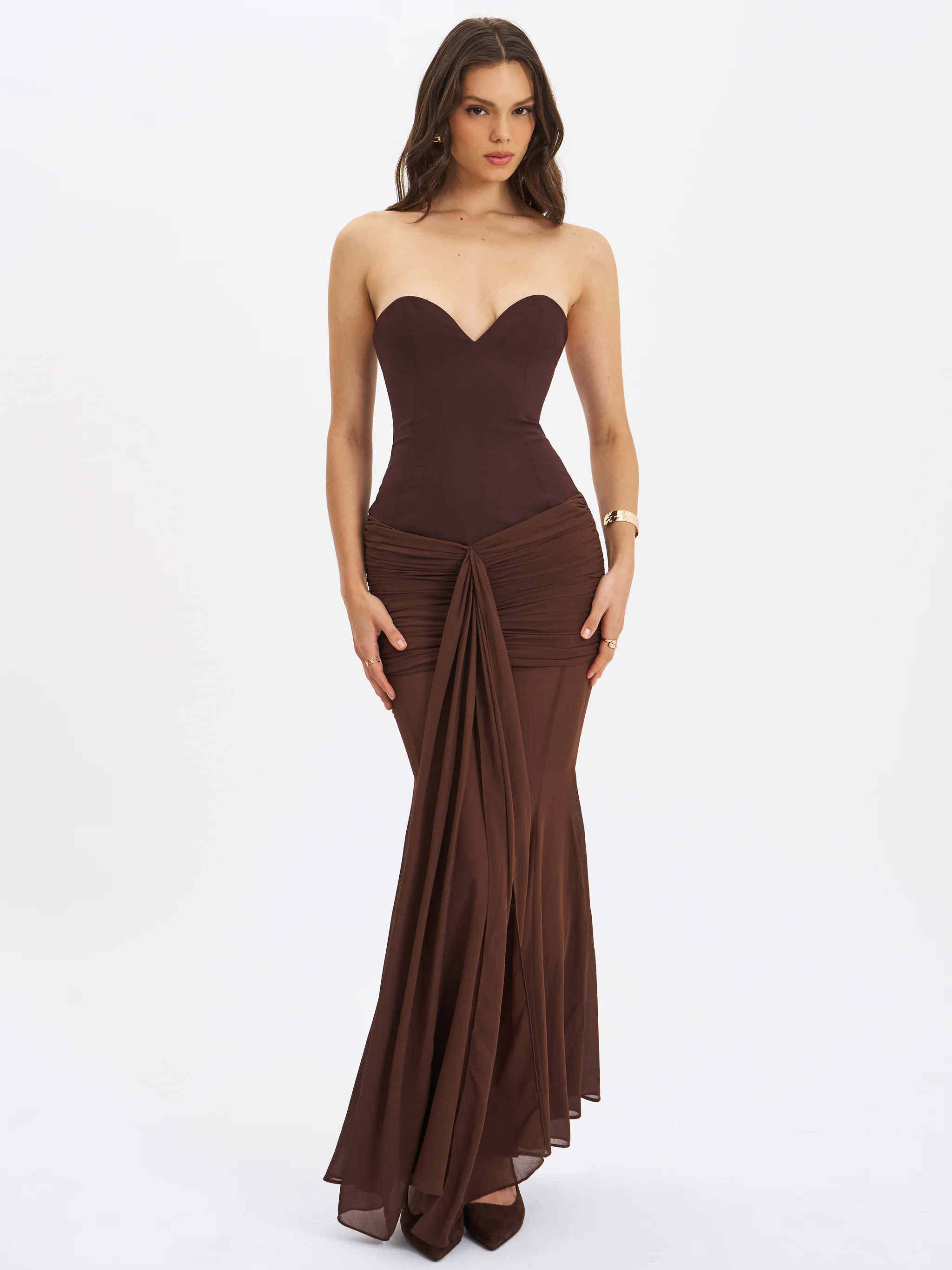 Giovana Espresso Sweetheart Draped Mesh Mermaid Maxi Dress | Miss Circle