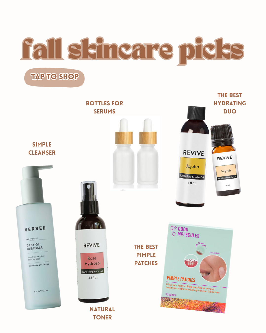 my fall skincare picks 2025

for cleanser I just use my trusty Versed gel cleanser

toner is rose hydrosol

serums/moisturizer is super simple with just a 2oz bottle filled with jojoba oil + myrrh essential oil (or whatever essential oils you prefer)

zit patches as needed - good molecules are the BEST 

 #LTKBeauty