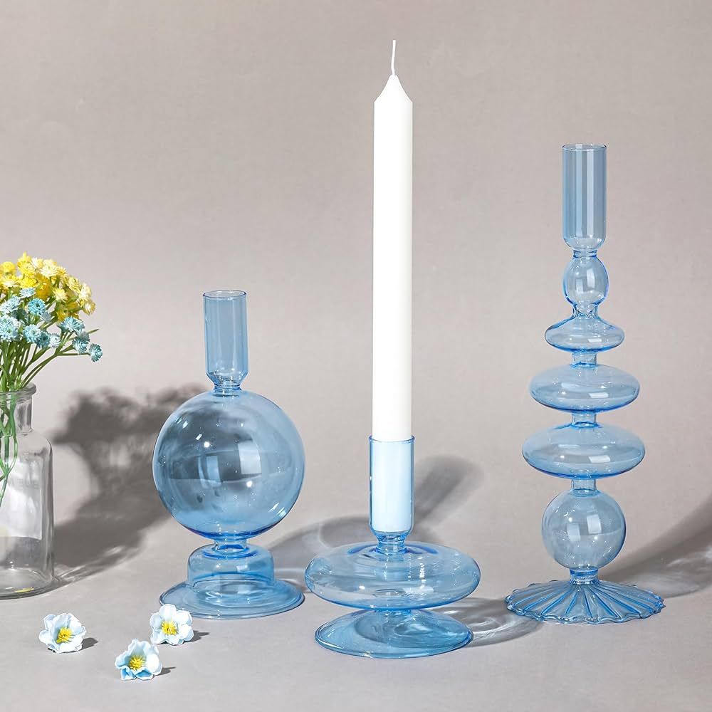 Rtteri 3 Pcs Glass Candlestick Holders Glass Taper Candle Holders Groovy Candlestick Wavy Elegant... | Amazon (US)