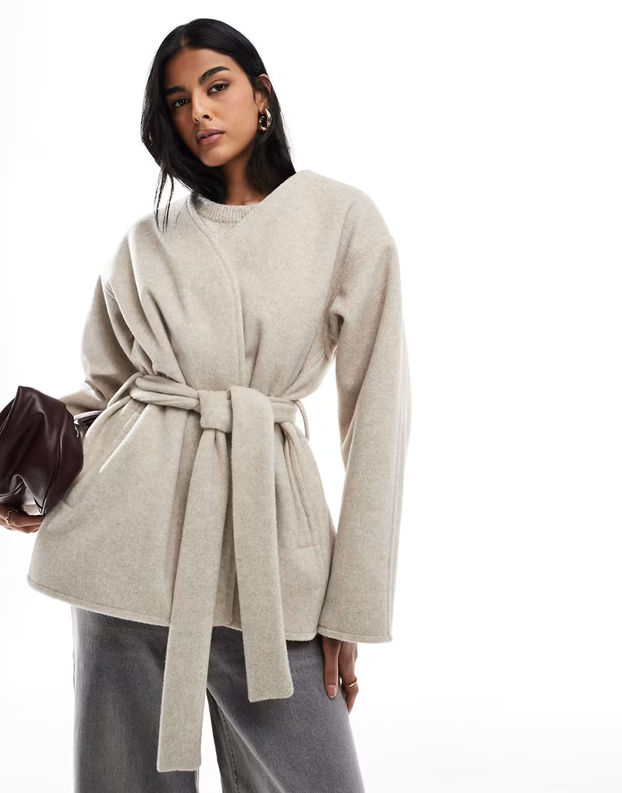 ASOS DESIGN belted collarless formal coat in oatmeal-White | ASOS (Global)