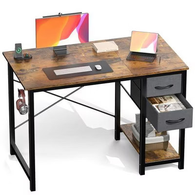 Gulches 47 Inch Wooden Computer Desk with Adjustable Drawers Side Hooks Modern Study Work Desk Brown | Target