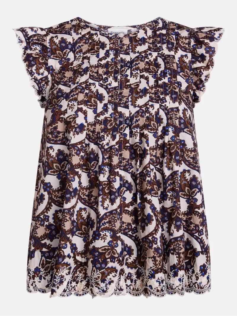 Scenario Women's and Women's Plus Short Sleeve Pleated Embroidered Printed Top, Sizes XS-4X | Walmart (US)