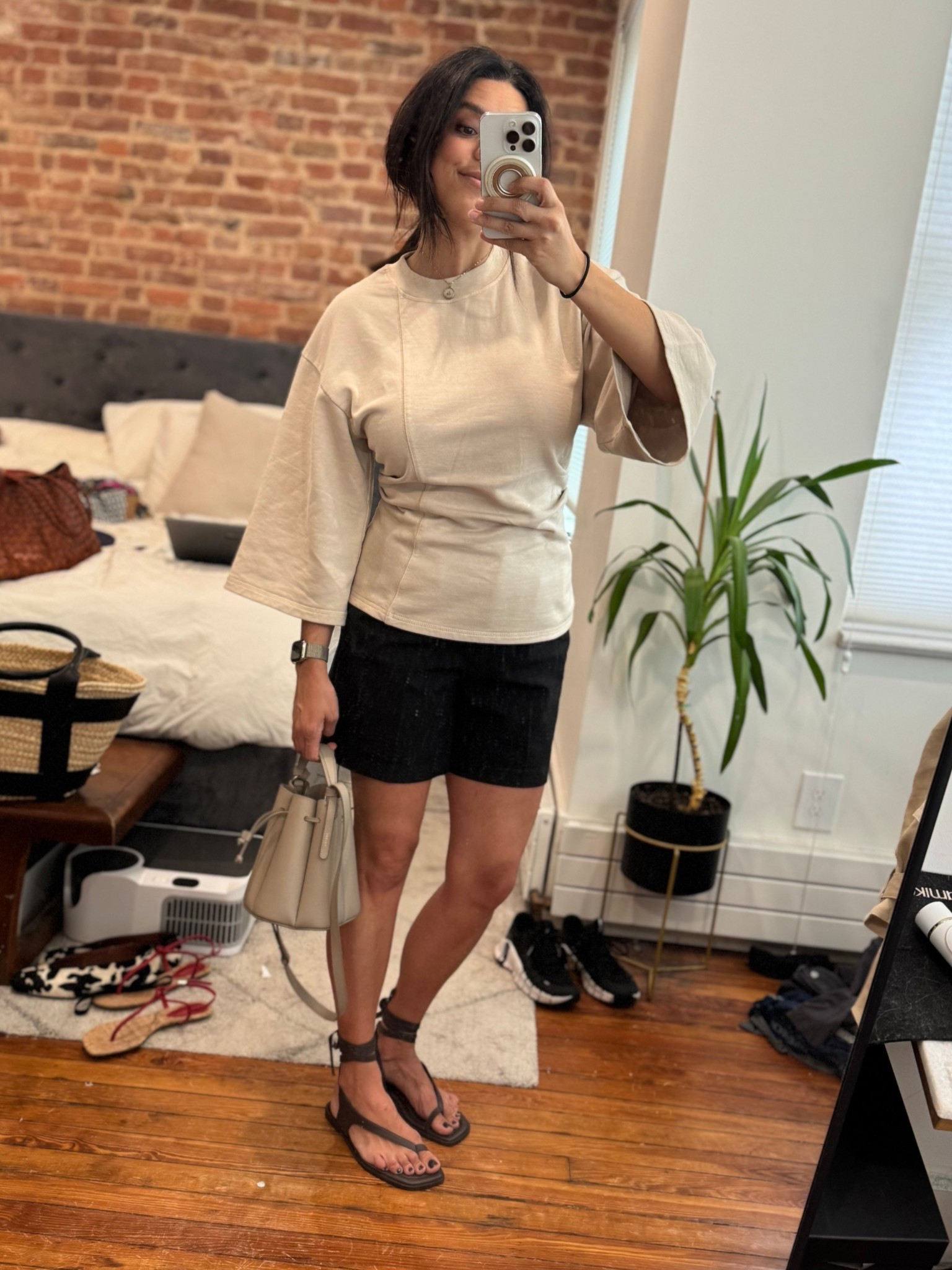 S in top 
4 in shorts
39 in sandals 